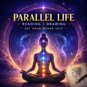 Peut inclure: Illustration numérique d'une femme méditant en position du lotus, avec un fond cosmique. Le texte "PARALLEL LIFE", "READING + DRAWING" et "SEE YOUR OTHER SELF" est visible. Un dessin d'un visage féminin est présent dans le coin inférieur droit.