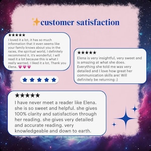 May include: A digital graphic with a cosmic background and the words "customer satisfaction" in blue. The image features customer reviews with five-star ratings, praising the clarity and insight of a reader named Elena.