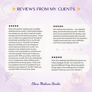 Op de afbeelding: Een lichtpaarse afbeelding met de tekst REVIEWS FROM MY CLIENTS bovenaan en Elena Medium Studio onderaan. Het toont drie klantbeoordelingen met vijf sterren, inclusief gedetailleerde feedback over paranormale consulten.