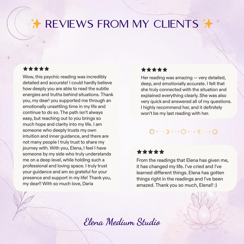 Op de afbeelding: Een lichtpaarse afbeelding met de tekst REVIEWS FROM MY CLIENTS bovenaan en Elena Medium Studio onderaan. Het toont drie klantbeoordelingen met vijf sterren, inclusief gedetailleerde feedback over paranormale consulten.