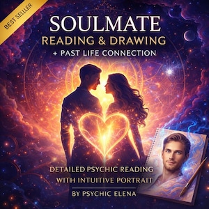Op de afbeelding: Digitale kunst die een soulmate reading promoot. De afbeelding toont een stel silhouetten tegen een gloeiend hart, met de tekst "SOULMATE READING & DRAWING + PAST LIFE CONNECTION." Een portret en tekst zijn ook inbegrepen.