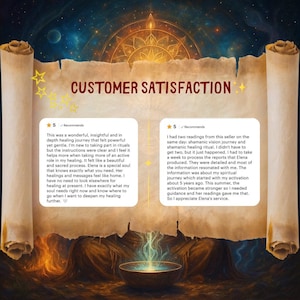 May include: An artistic image with a parchment-style background, featuring the words "CUSTOMER SATISFACTION" and two customer reviews. The reviews are in white text on a light background, with gold star ratings. The overall theme is related to spiritual healing and customer feedback.