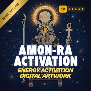 Könnte beinhalten: Digitales Kunstwerk mit Amon-Ra, einer Gottheit mit Vogelkopf, die einen Stab und ein Anch hält. Das Bild hat einen dunkelblauen Hintergrund mit Sternen und dem Text "AMON-RA ACTIVATION ENERGY ACTIVATION DIGITAL ARTWORK".