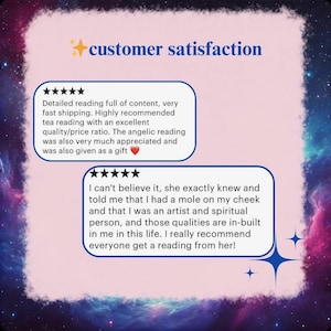 May include: A pink and purple background with the words "customer satisfaction" in blue and gold. Two customer reviews are displayed in white text within blue rounded rectangles. The reviews include star ratings and positive feedback.
