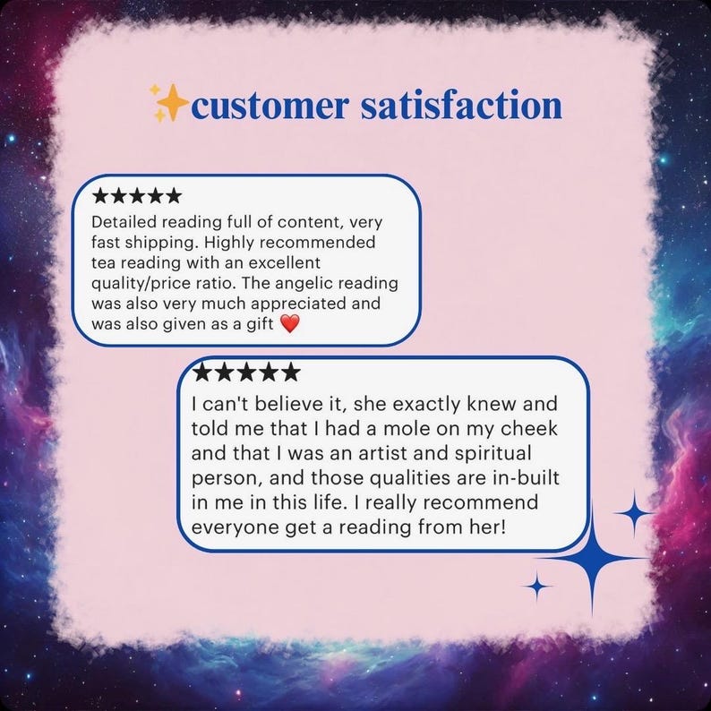 May include: A pink and purple background with the words "customer satisfaction" in blue and gold. Two customer reviews are displayed in white text within blue rounded rectangles. The reviews include star ratings and positive feedback.