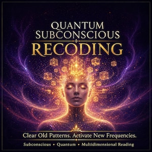 Może przedstawiać: Cyfrowa grafika przedstawiająca kobietę emanującą złotym światłem. Tekst "QUANTUM SUBCONSCIOUS RECODING" jest złoty, z hasłem "Clear Old Patterns. Activate New Frequencies." Tło jest ciemnofioletowe.
