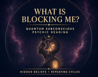 Pode incluir: Um gráfico azul escuro com o texto WHAT IS BLOCKING ME? QUANTUM SUBCONSCIOUS PSYCHIC READING, HIDDEN BELIEFS, REPEATING CYCLES e ELENA MEDIUM STUDIO. A imagem mostra a silhueta de perfil de uma cabeça contendo uma cena cósmica brilhante.