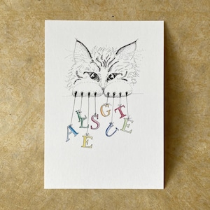 Alles Gute – Katze // Postkarte / Spruchkarte / Schwarz-Weiß-Illustration Katzenkopf mit Pfoten, an den Krallen bunte Buchstaben / humorvoll