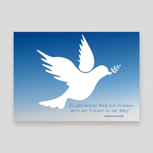 Colomba della pace con Gandhi che dice // cartolina / carta con detto / blu-bianco / minimalista