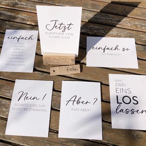 Postkarten Set + Kartenhalter Holz A // 6er Mix Sprüche allgemein / Einfach, Jetzt, Einfach so, Nein, Aber, Loslassen / sw / minimalistisch