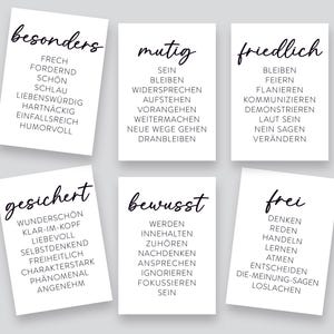 Postkarten Set // 6er Mix Sprüche Freiheit // besonders, mutig, friedlich, gesichert, bewusst, frei / Humor / schwarz-weiß / minimalistisch