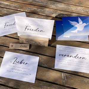 Set di cartoline + porta carte in legno B // Mix di 6 detti pace / colomba della pace Gandhi dice, caro, cambia / bw, blu / minimalista