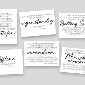 Postkarten Set // 6er Mix Zitate // vertiefen, eigenständig, Richtung Sonne, Offline, verändern, Menschenverstand / sw / minimalistisch