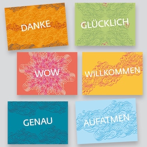Postkarten Set // 6er Mix allgemein / Danke, Glücklich, Wow, Willkommen, Genau, Aufatmen / farbig / Ornament / minimalistisch