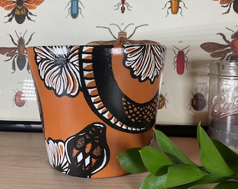 Maceta de terracota pintada a mano con diseño de serpiente y flores - Maceta de 5 pulgadas