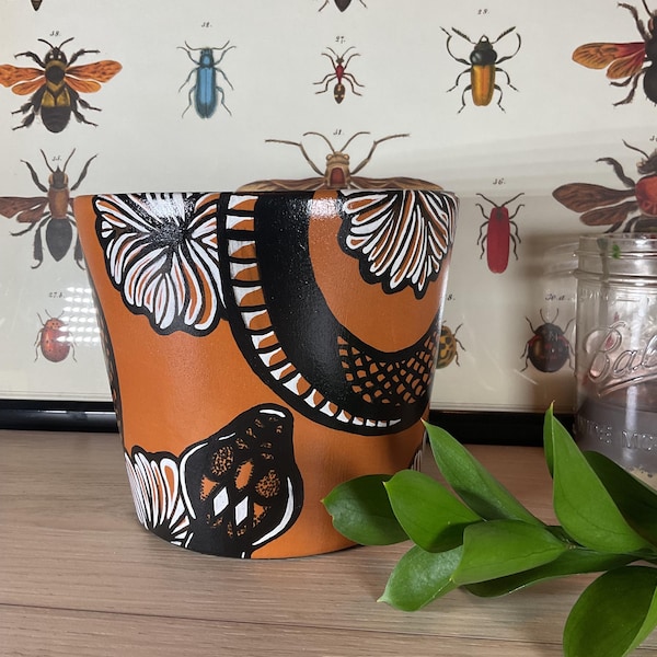 Hand-Painted Snake & Floral Plant Pot - 5" Terra Cotta Planter