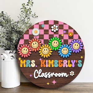 Personalized Teacher 3D Door Sign, Teacher Name Sign, Back To School Wood Sign, Teacher Composition Sun Flowers Door Sign, Classroom Welcome