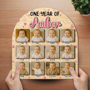 Tablero de madera con foto personalizada de mi primer año, collage de hitos de 12 meses para el primer cumpleaños del bebé, regalo de primer cumpleaños para niño y niña.