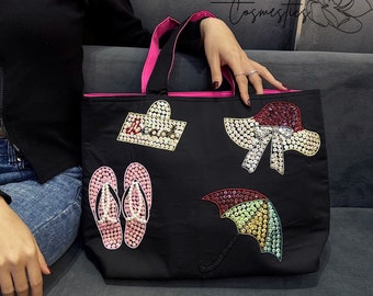 Crystal Pearl Black Shoulder Bag Sparkling Shoulder Summer Bags for Women Canvas Bag Casual Hand Bag Handmade Gifts for Her Anniversary Gift