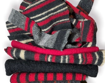 3+ oz. Sweater Scraps • Black/Red Felted Wool  • Pieces of Patterned Recycled Felt