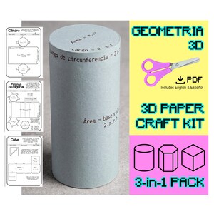 Puede incluir: Un kit de manualidades en papel 3D que incluye un cilindro gris claro con fórmulas geométricas impresas. El kit contiene plantillas PDF para un cilindro, un prisma hexagonal y un cubo, junto con tijeras rosas, en un paquete 3 en 1.