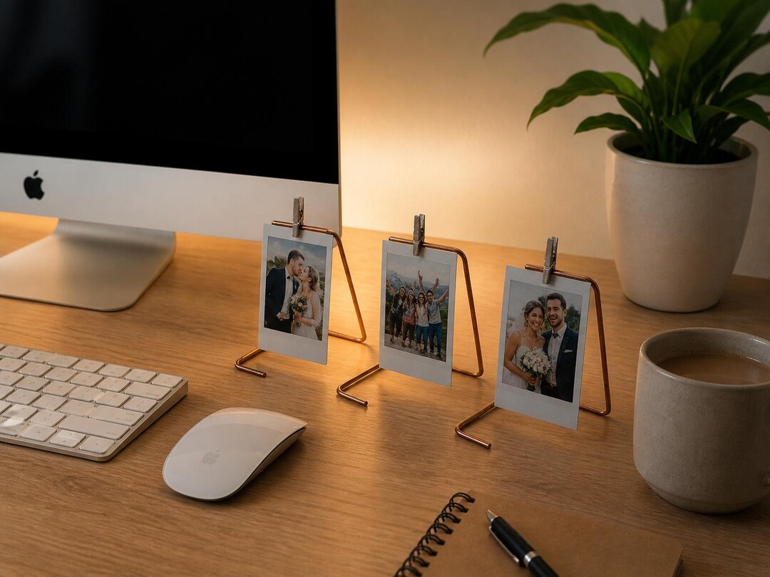 Photo Keeping Stand Handmade Set of 3 Copper Rod Photo Stands, Minimalist 2x3 Instant Photo ...