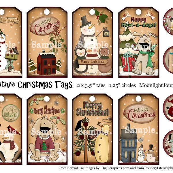 Prim Christmas Tags Collage Sheet package ties seals book gift tree Santa snowman reindeer saltbox house puppy dog cardinal primitive