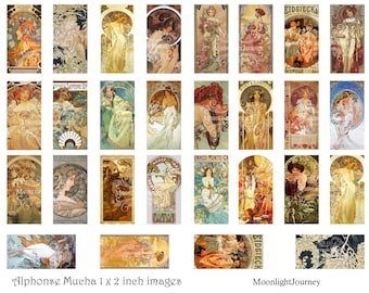 Alphonse Mucha 1 X 2 pulgadas azulejos dominó joyería pin broche colgante adornos diario libro ephemera Victorian Deco bellezas art nouveau