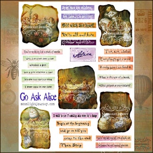 Go Ask Alice Collage Sheet in wonderland cheshire cat word strips words journal elements page queen of hearts quotes story book fantasy