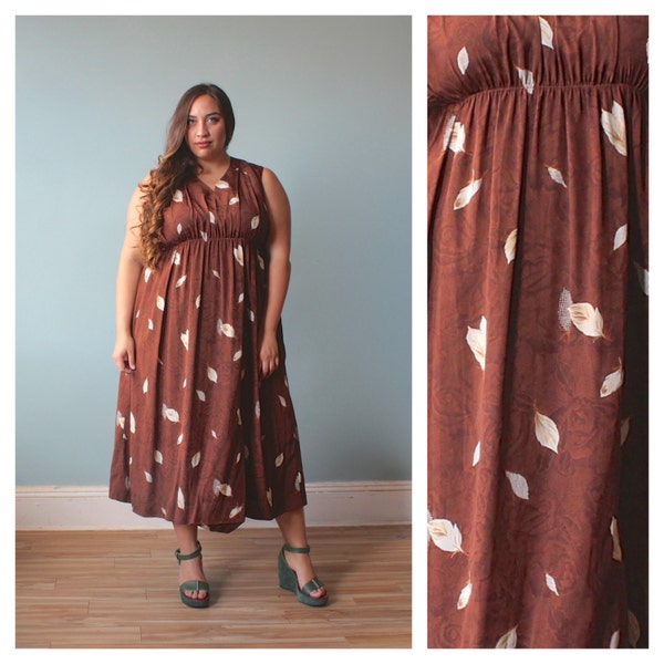 plus size dress / plus size brown leaves party dress / 1980s / XXL