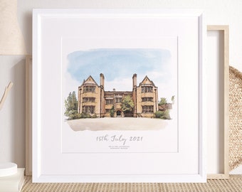 Watercolour Wedding Venue Sketch Hand Drawn Personalised Gift Custom Building Illustration, Unique Christmas Xmas Presents for Couple Ideas