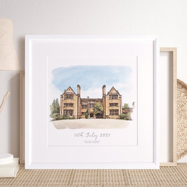 Watercolour Wedding Venue Sketch Hand Drawn Personalised Gift Custom Building Illustration Christening Presents for Couple Ideas Watercolor