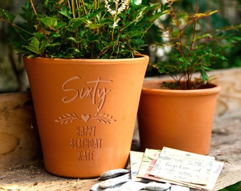 60th Birthday Personalised Engraved Terracotta Plant Pot - Gift for Gardener lovers, Special Celebration Home Decor - Unique Outdoor Gift