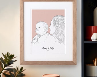 Gepersonaliseerde mama en ik lijnportret-eerste Moederdagcadeau, aangepast verjaardagscadeau voor haar, nieuw moederkunstwerk, unieke illustratie - VS