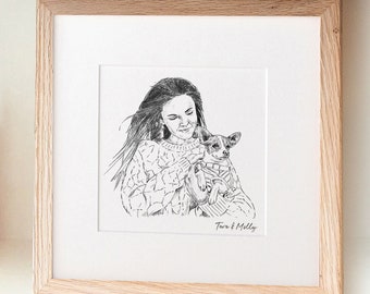 Croquis d'animal de compagnie, moi et mon animal de compagnie, dessin animal personnalisé au crayon, portrait sur mesure, chien, cadeau pour amoureux des chats, cadeau personnalisé, illustration d'animal de compagnie bien-aimé