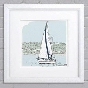 Personalized Canal Motor Sailing Boat Illustration Hand Drawn Drawing Sketch Ideal Gifts for Christmas Birthdays Unique Presents Art Print
