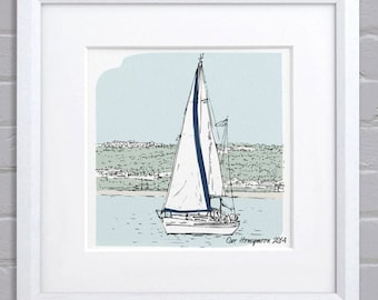 Personalized Canal Motor Sailing Boat Illustration Hand Drawn Drawing Sketch Ideal Gifts for Christmas Birthdays Unique Presents Art Print