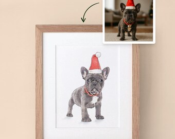 Gepersonaliseerde kerstcadeau hondportret – aangepaste handgetekende aquarel huisdier illustratie, uniek kerstcadeau voor dierenliefhebbers.