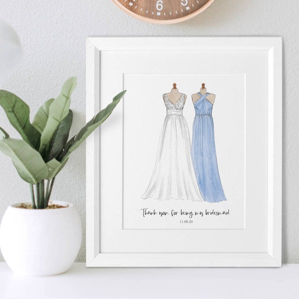 Brautjungfer oder Besonderes Kleid individuelle Zeichnung, Skizze von Hochzeitsoutfits, besonderes personalisiertes Geschenk, Hand gezeichnete Wandkunst Illustration