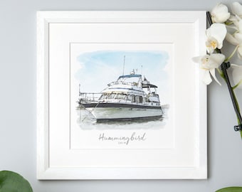 Personalized Watercolor Yacht Motor Boat Sketch, Hand Drawn Custom Portrait Illustration, Boat lover Gift Perfect Christmas Presents Ideas