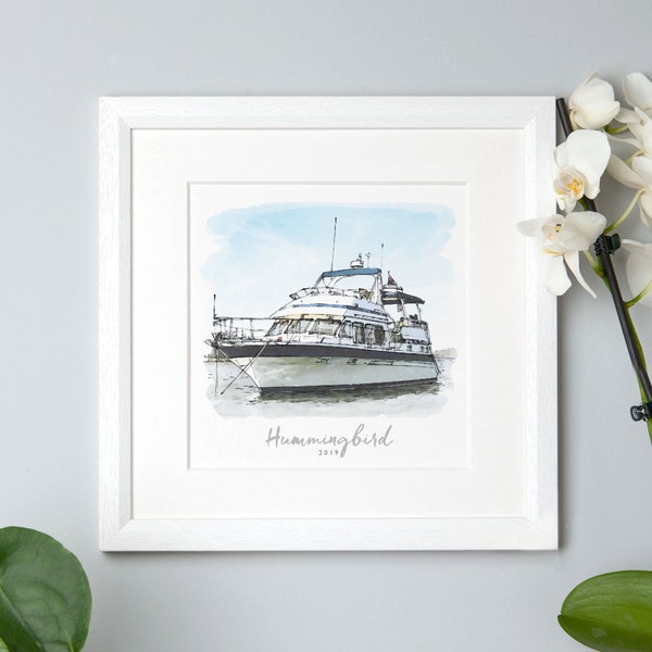 Croquis personnalisé de bateau à moteur de yacht d’aquarelle, illustration de portrait personnalisée dessinée à la main, cadeau d’amoureux de bateau idées de cadeaux de Noël parfaites