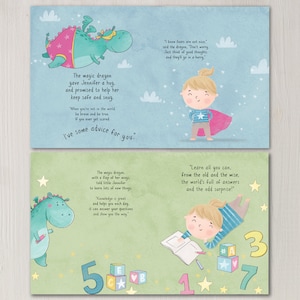 May include: An illustrated children's book with a green and blue dragon, a girl in a red cape, and a girl with a book. The text reads "The magic dragon gave Jennifer a hug and promised to help her keep safe and snug. When you're out in the world be brave and be true. If you ever get scared I've some advice for you."  "I know fears are not nice." said the dragon. "Don't worry. Just think of good thoughts and they'll go in a hurry."