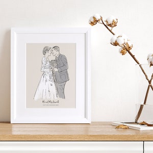 Monochrome Wedding Line Drawing Gift Unique thoughtful bridesmaid gift, Couple's, Bride and Groom, Valentines Illustration Gift image 2