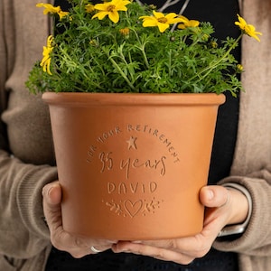 Personalised Engraved Retirement Terracotta Flower Pot, Custom Made Leaving Gift - garden accessory for friends and work colleagues