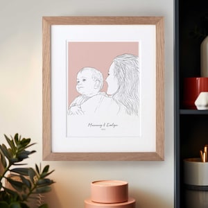 Gepersonaliseerde moeder en ik-lijnportretafdruk. Eerste Moederdagcadeau, aangepast verjaardagscadeau voor haar nieuwe moeder-kunstwerk, unieke illustratie
