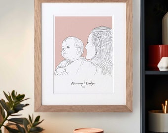 Maman et moi Colored Line Portrait Print Cadeau parfait pour le premier cadeau d’anniversaire de la fête des mères pour sa nouvelle maman Illustration personnalisée