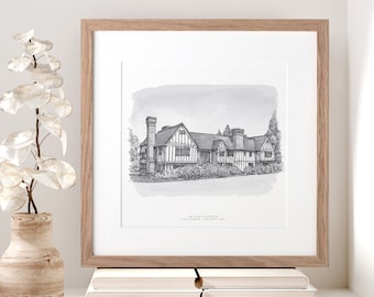 Monochrome Wedding Watercolour Venue Sketch Perfect Gifts for Couples Christmas Presents Ideas Custom Personalized Pencil Drawings Xmas