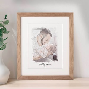 Portret eerste vader en baby met de hand getekend familieillustratie Gepersonaliseerde familie Vaderdagcadeau Verjaardagscadeautjes Idee Cadeaus voor nieuwe vaders