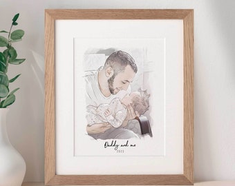 First Dad And Baby Portrait Handdrawn Family Illustration Personalised Family Father's Day Gift Birthday Presents Idea Gifts for New Dads