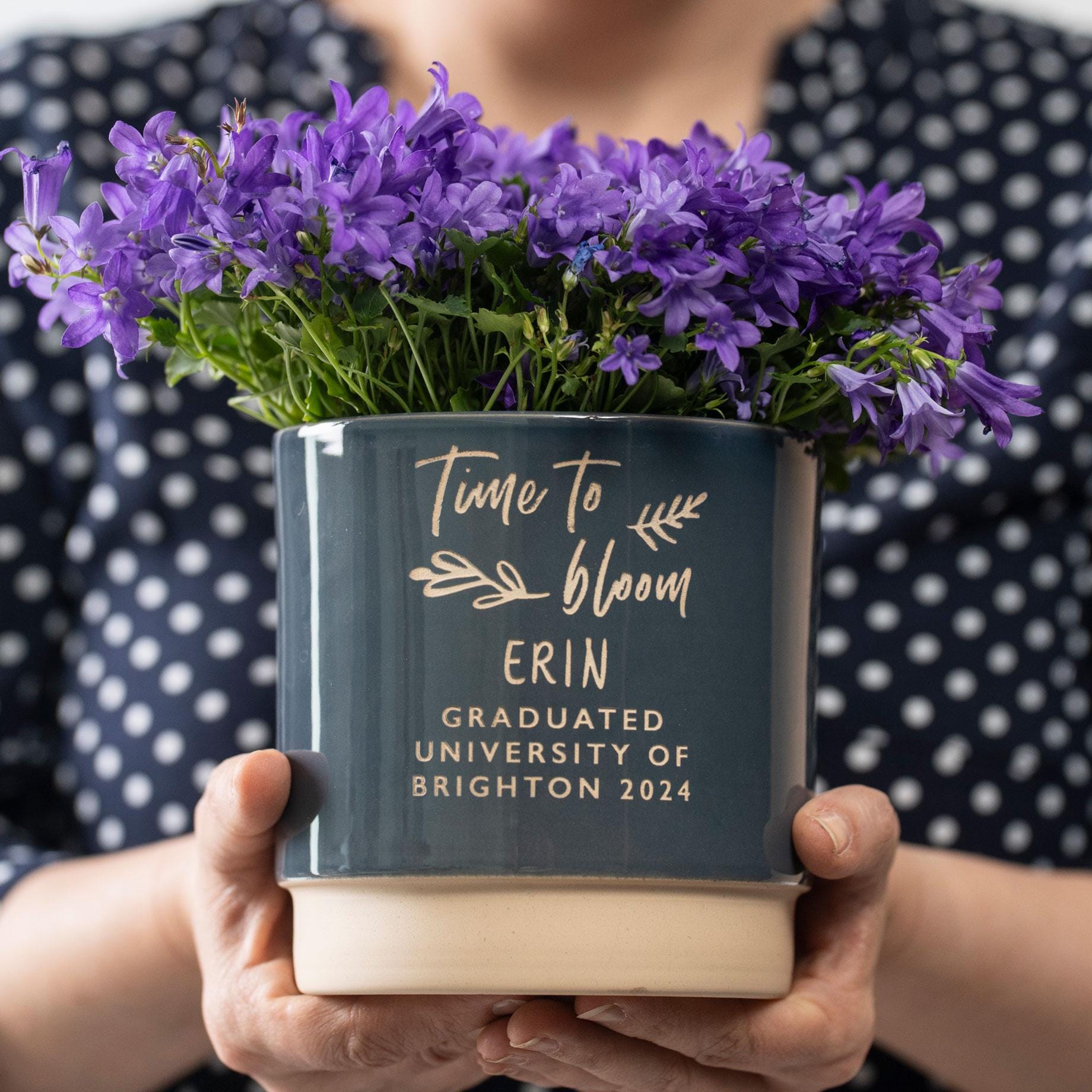 Personalised graduation indoor plant pot, 'Time to bloom', to celebrate any achievement, say well done & how proud you are in style!